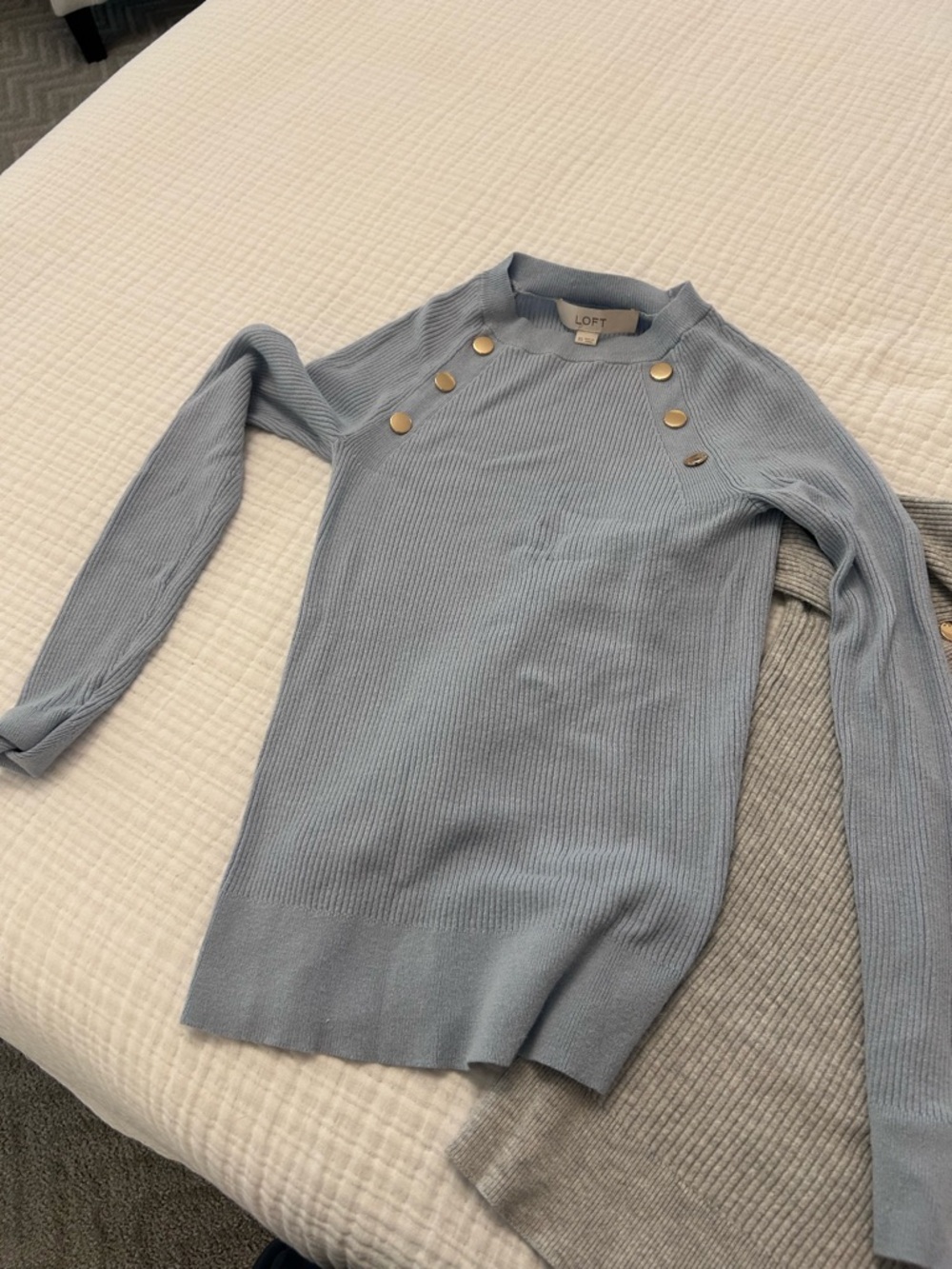 LOFT Pale Blue Ribbed Sweater with Gold Button Detail